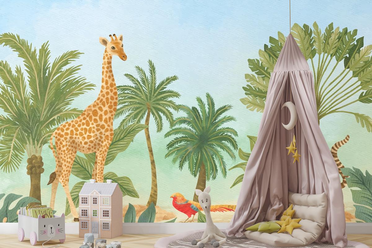 Suluboya Yaban Hayatı Arka Plan Boys Çocuk Odası Duvar Kağıdı 