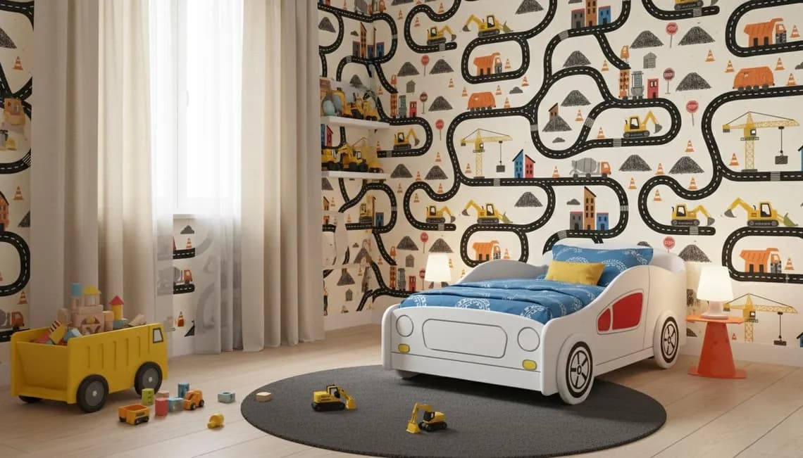 Tek Parça Kumaş Tekstil - Çocuklar İçin İnşaat Araçları Duvar Kağıdı