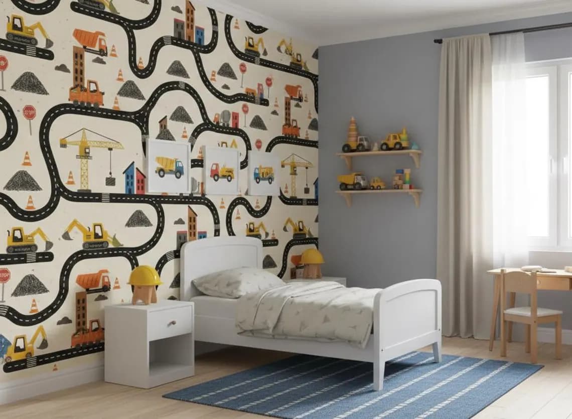 Tek Parça Kumaş Tekstil - Çocuklar İçin İnşaat Araçları Duvar Kağıdı