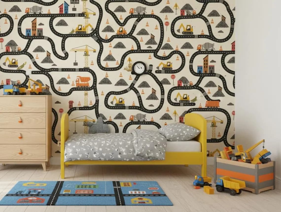 Tek Parça Kumaş Tekstil - Çocuklar İçin İnşaat Araçları Duvar Kağıdı