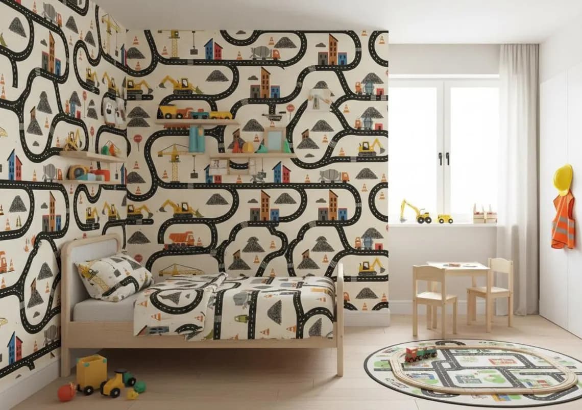 Tek Parça Kumaş Tekstil - Çocuklar İçin İnşaat Araçları Duvar Kağıdı