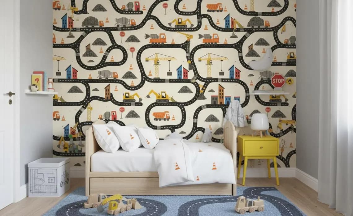 Tek Parça Kumaş Tekstil - Çocuklar İçin İnşaat Araçları Duvar Kağıdı