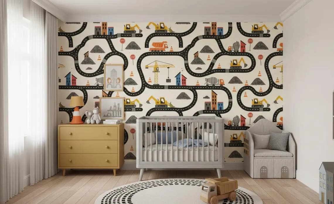 Tek Parça Kumaş Tekstil - Çocuklar İçin İnşaat Araçları Duvar Kağıdı