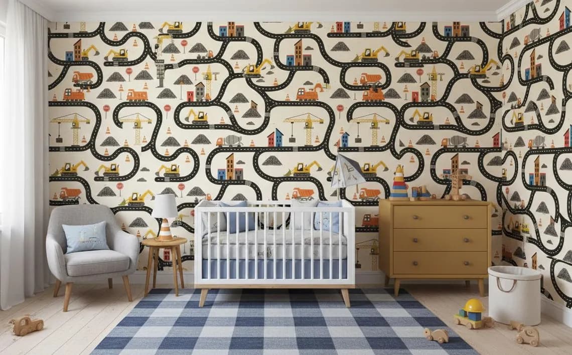 Tek Parça Kumaş Tekstil - Çocuklar İçin İnşaat Araçları Duvar Kağıdı