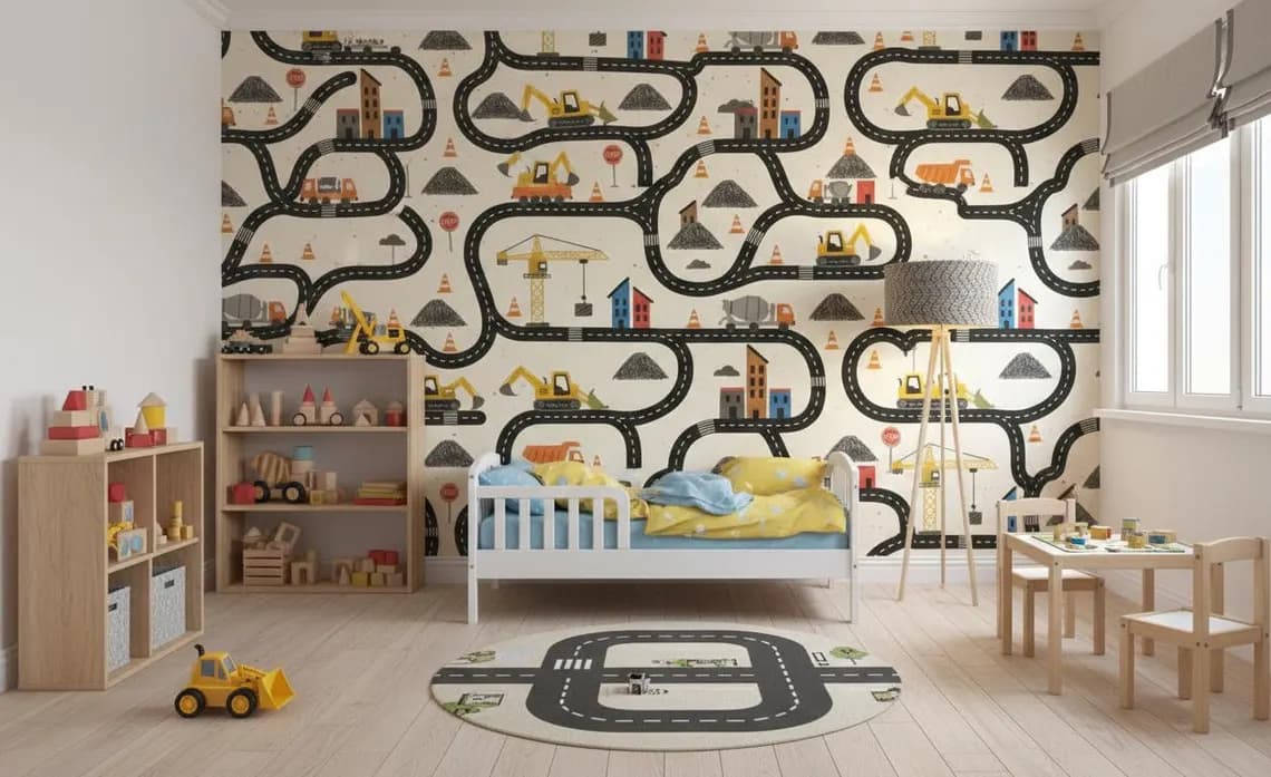 Tek Parça Kumaş Tekstil - Çocuklar İçin İnşaat Araçları Duvar Kağıdı