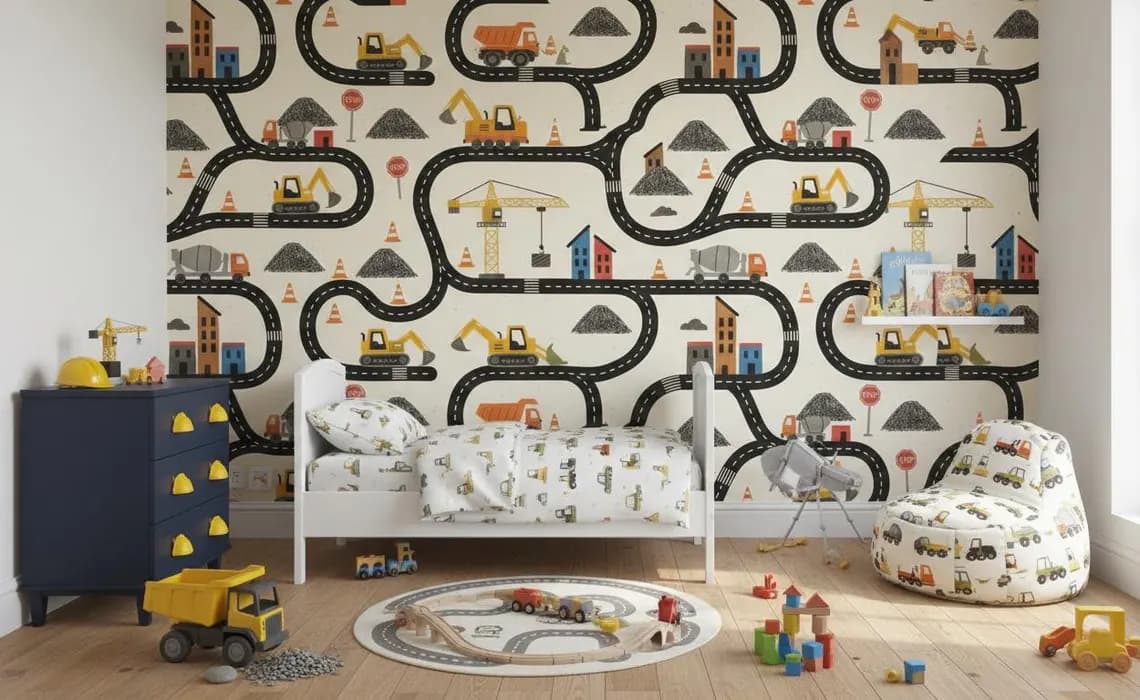 Tek Parça Kumaş Tekstil - Çocuklar İçin İnşaat Araçları Duvar Kağıdı