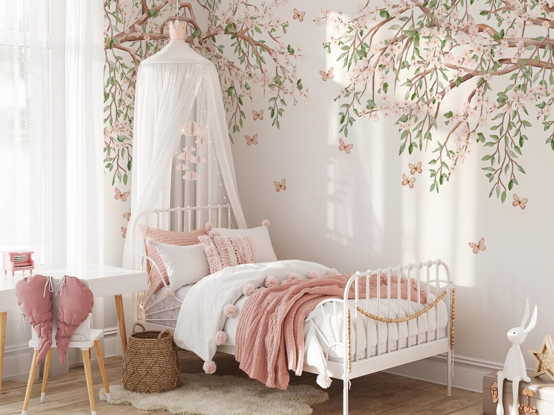 Tek Parça Kumaş Tekstil - Kelebekli Kiraz Çiçeği Çocuk & Bebek & Genç Odası Duvar Kağıdı