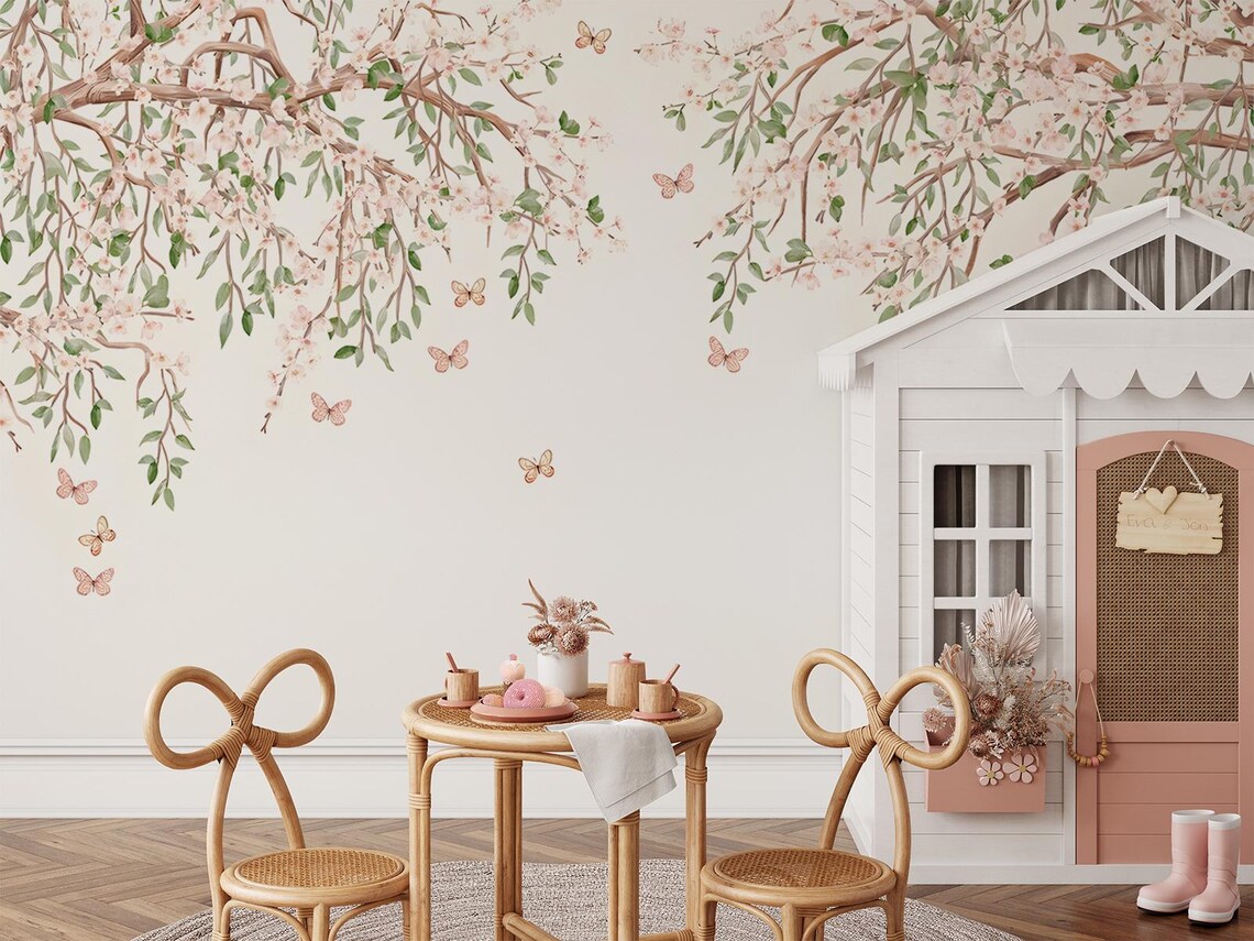 Tek Parça Kumaş Tekstil - Kelebekli Kiraz Çiçeği Çocuk & Bebek & Genç Odası Duvar Kağıdı