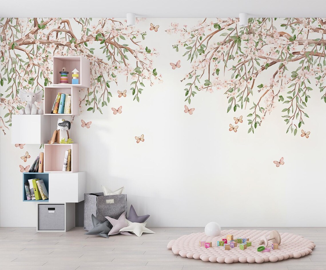 Tek Parça Kumaş Tekstil - Kelebekli Kiraz Çiçeği Çocuk & Bebek & Genç Odası Duvar Kağıdı