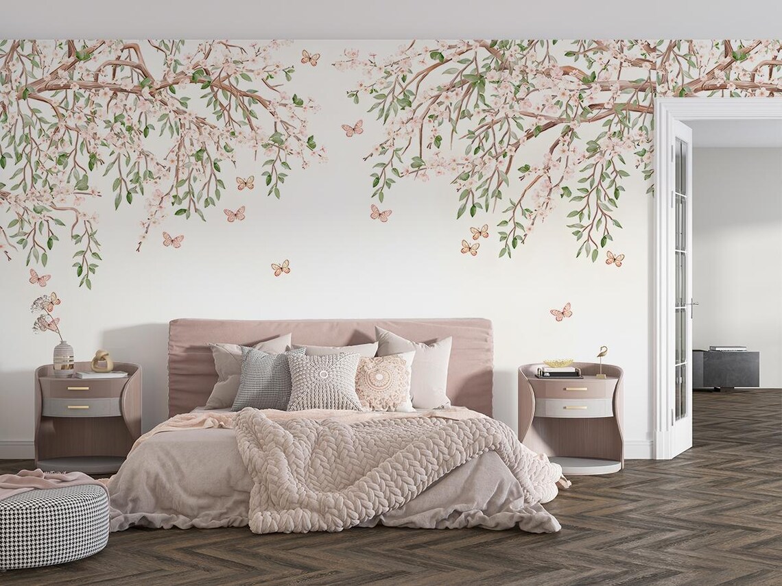 Tek Parça Kumaş Tekstil - Kelebekli Kiraz Çiçeği Çocuk & Bebek & Genç Odası Duvar Kağıdı