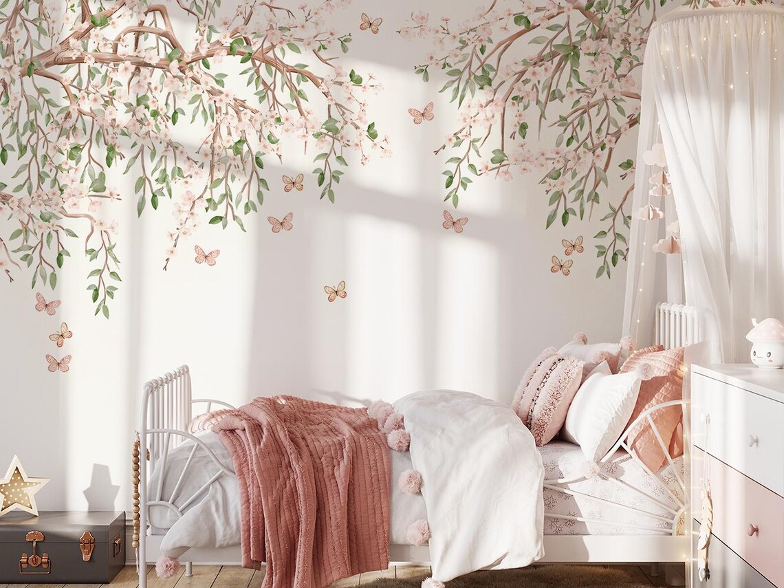 Tek Parça Kumaş Tekstil - Kelebekli Kiraz Çiçeği Çocuk & Bebek & Genç Odası Duvar Kağıdı