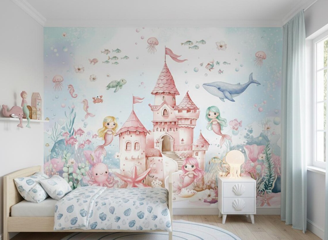 Tek Parça Kumaş Tekstil - Kız Çocuk Odası İçin Deniz Kızı Duvar Kağıdı