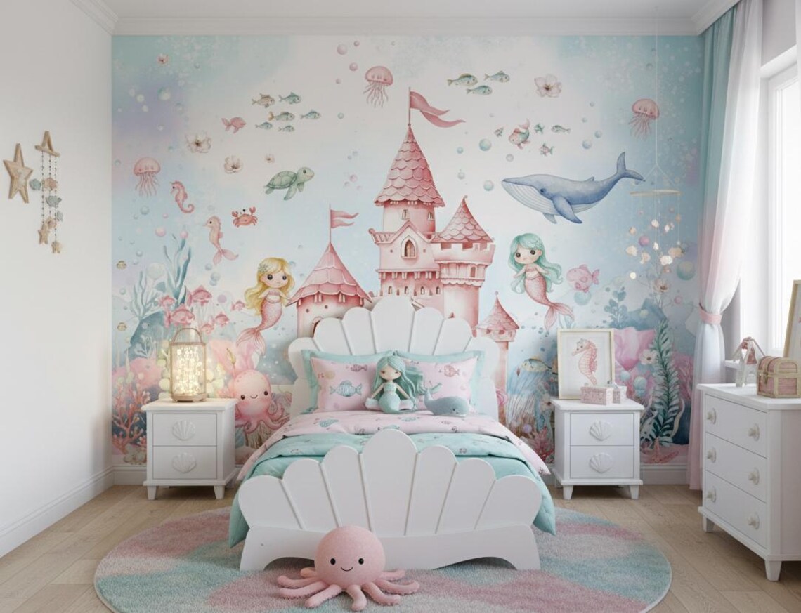 Tek Parça Kumaş Tekstil - Kız Çocuk Odası İçin Deniz Kızı Duvar Kağıdı