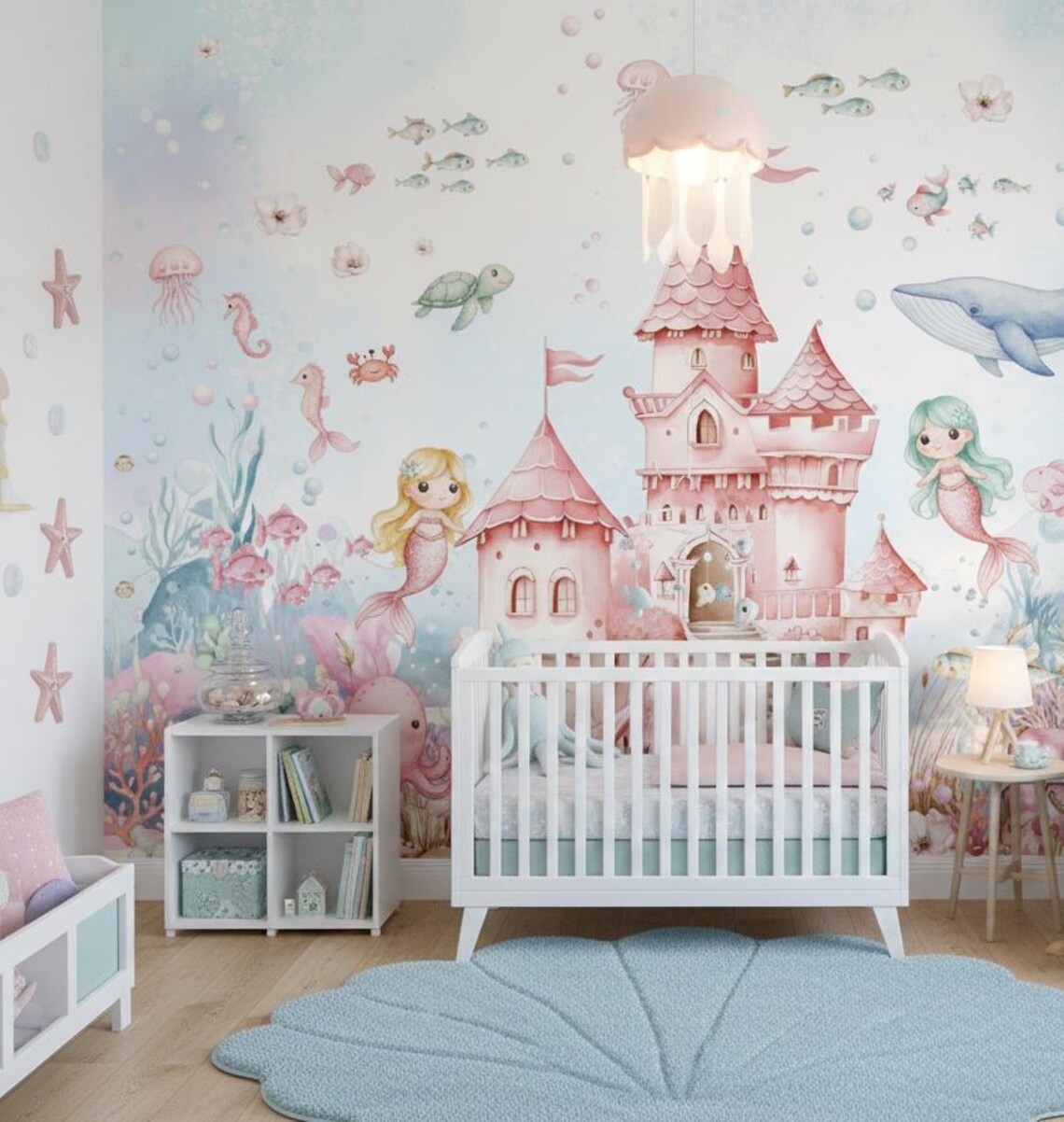 Tek Parça Kumaş Tekstil - Kız Çocuk Odası İçin Deniz Kızı Duvar Kağıdı