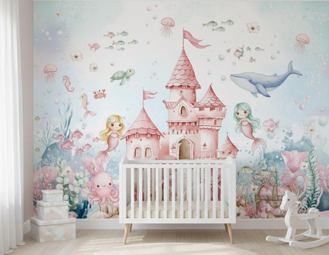 Tek Parça Kumaş Tekstil - Kız Çocuk Odası İçin Deniz Kızı Duvar Kağıdı