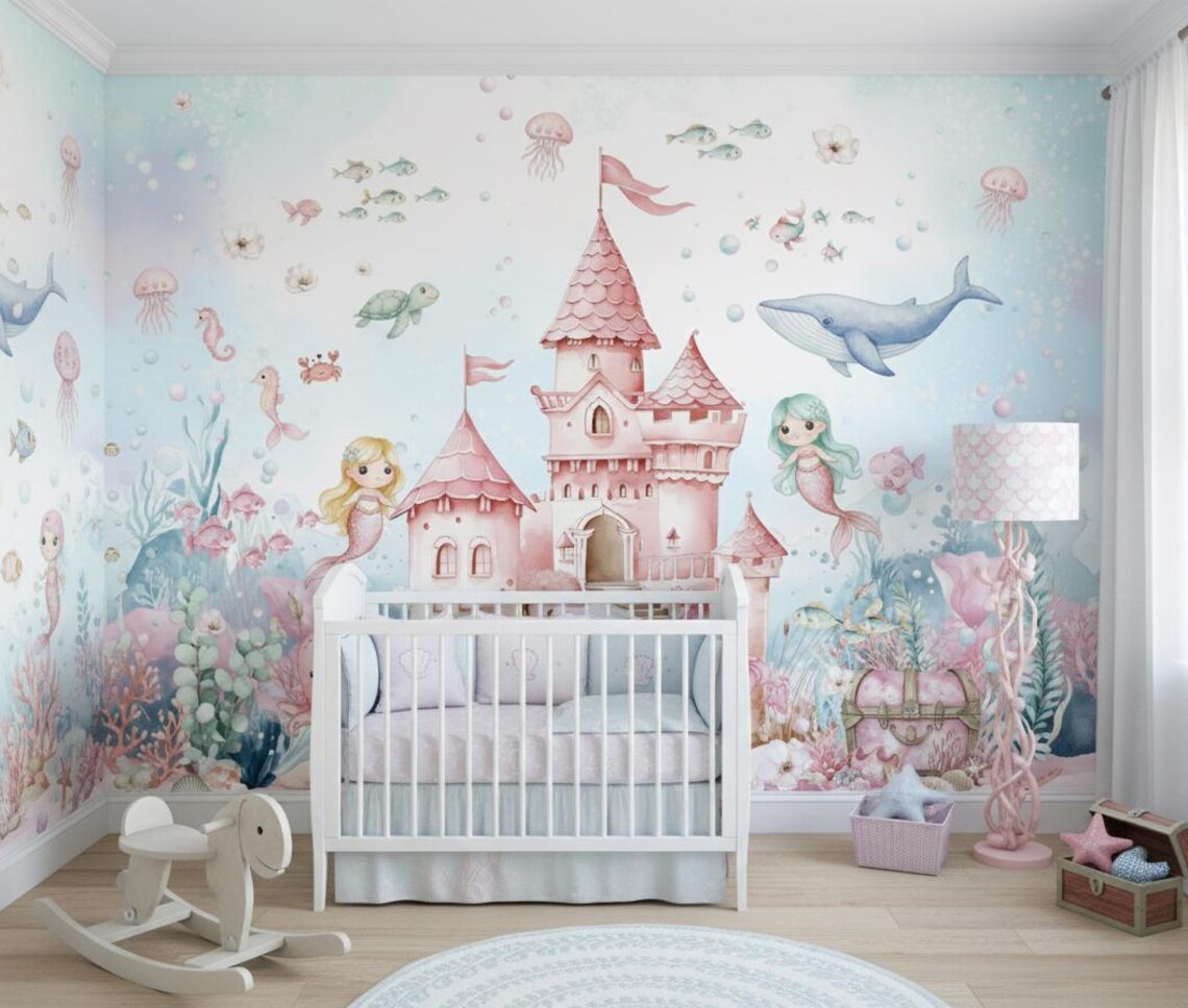 Tek Parça Kumaş Tekstil - Kız Çocuk Odası İçin Deniz Kızı Duvar Kağıdı