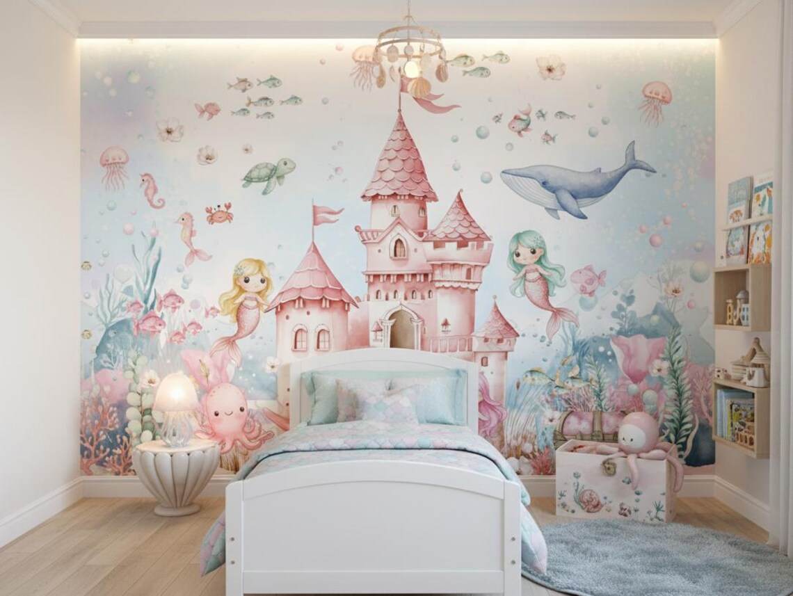 Tek Parça Kumaş Tekstil - Kız Çocuk Odası İçin Deniz Kızı Duvar Kağıdı