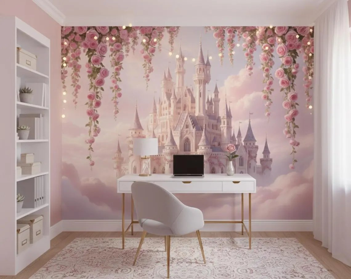 Tek Parça Kumaş Tekstil - Masal Şatosu Pembe Bulutlar Çocuk & Bebek Genç Kız Odası Duvar Kağıdı