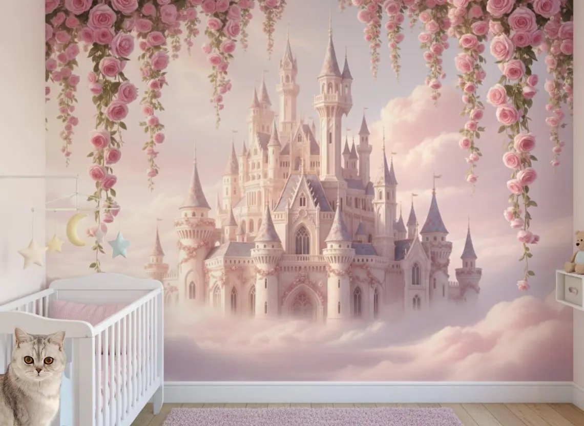 Tek Parça Kumaş Tekstil - Masal Şatosu Pembe Bulutlar Çocuk & Bebek Genç Kız Odası Duvar Kağıdı