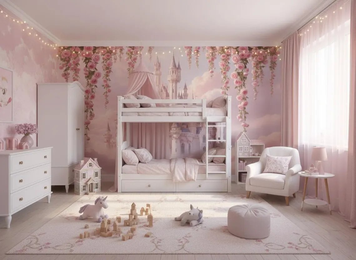 Tek Parça Kumaş Tekstil - Masal Şatosu Pembe Bulutlar Çocuk & Bebek Genç Kız Odası Duvar Kağıdı