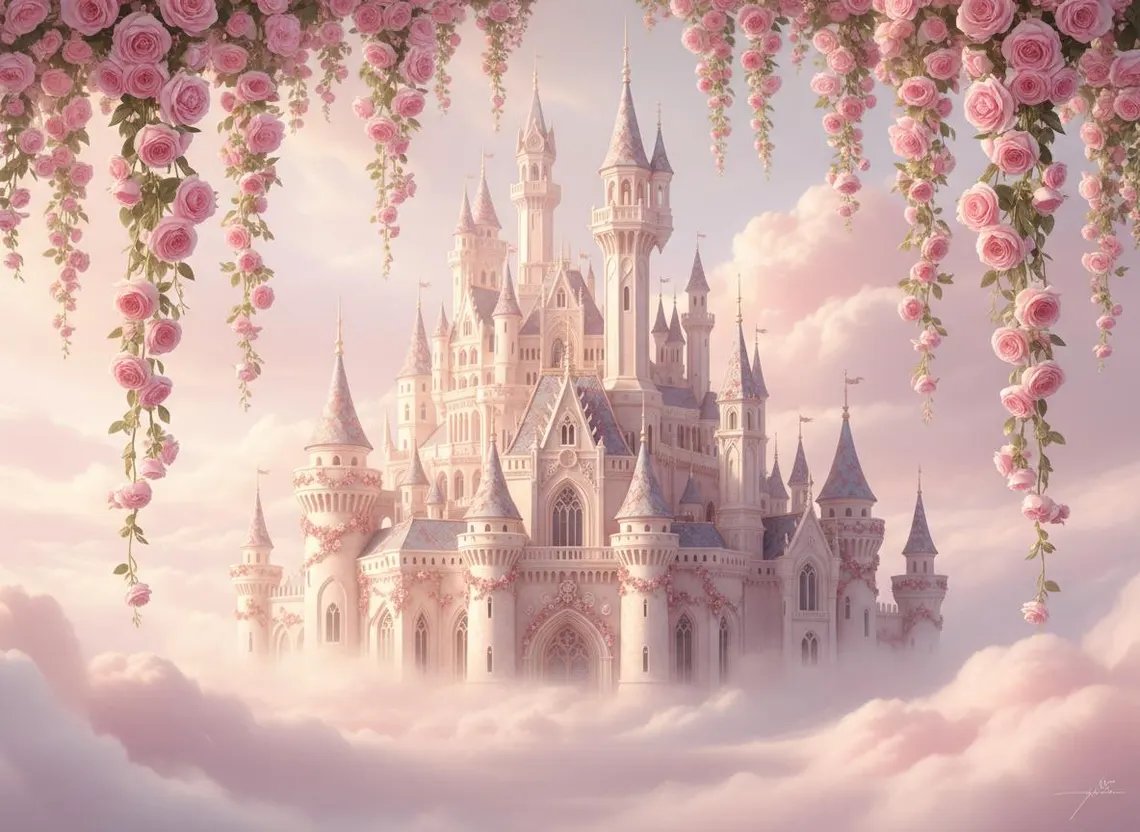 Tek Parça Kumaş Tekstil - Masal Şatosu Pembe Bulutlar Çocuk & Bebek Genç Kız Odası Duvar Kağıdı