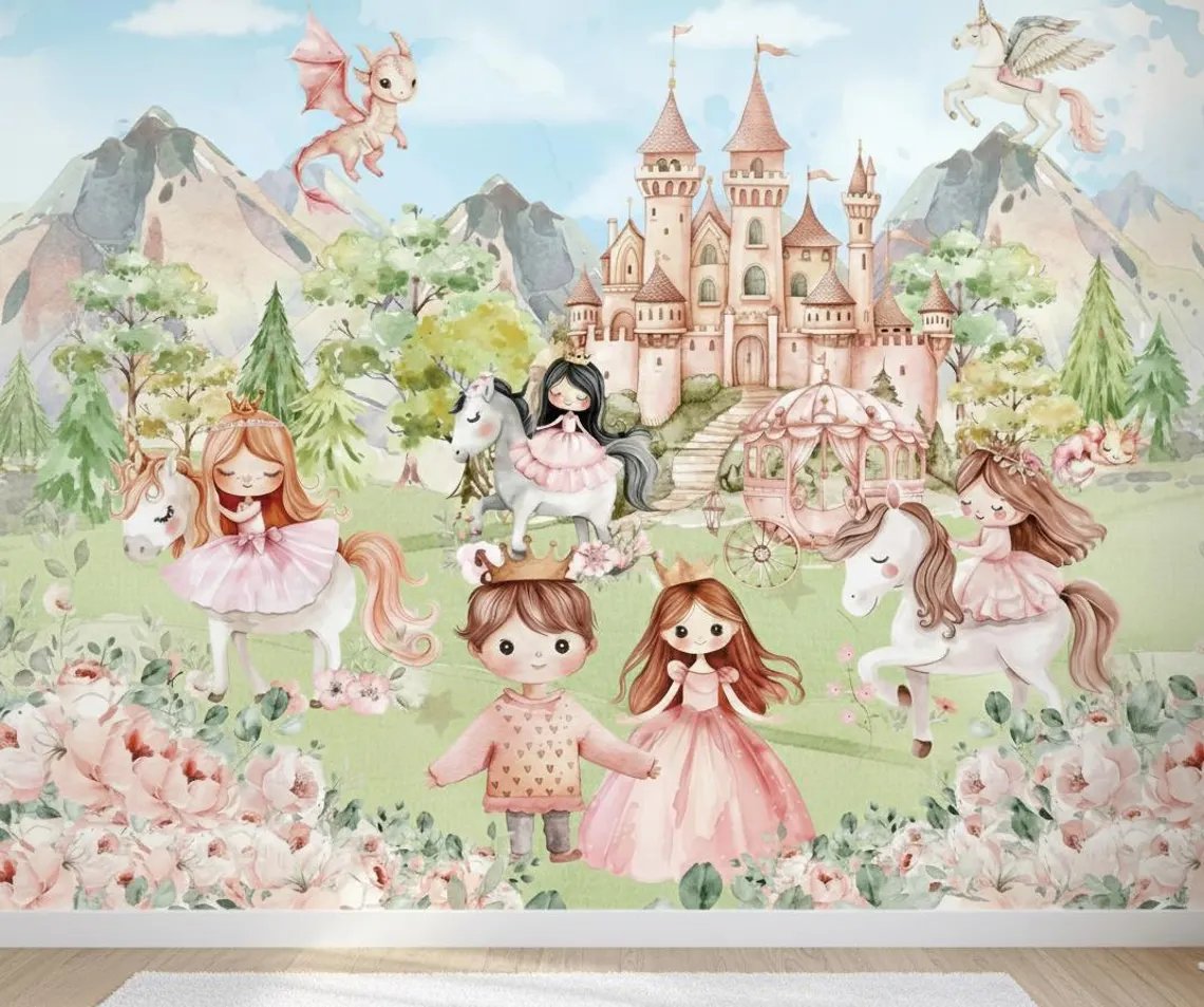Tek Parça Kumaş Tekstil - Prenses ve Şato Kız Çocuk Odası Duvar Kağıdı
