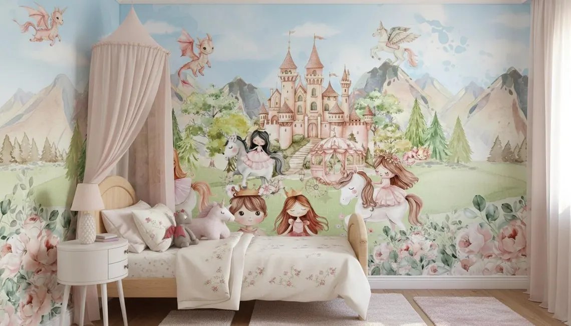 Tek Parça Kumaş Tekstil - Prenses ve Şato Kız Çocuk Odası Duvar Kağıdı