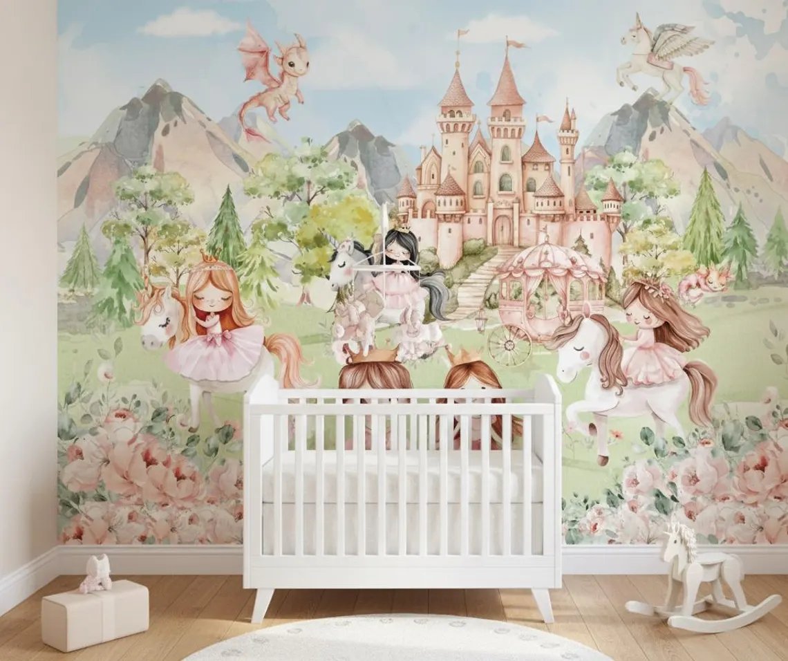 Tek Parça Kumaş Tekstil - Prenses ve Şato Kız Çocuk Odası Duvar Kağıdı