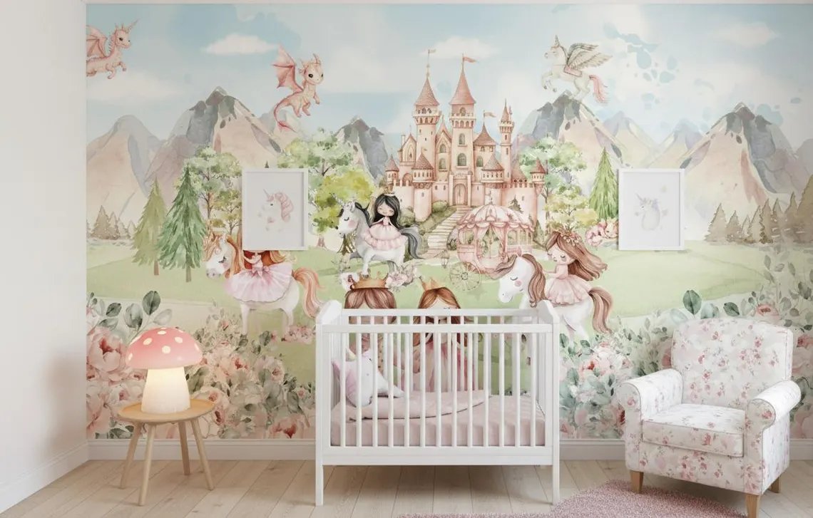 Tek Parça Kumaş Tekstil - Prenses ve Şato Kız Çocuk Odası Duvar Kağıdı