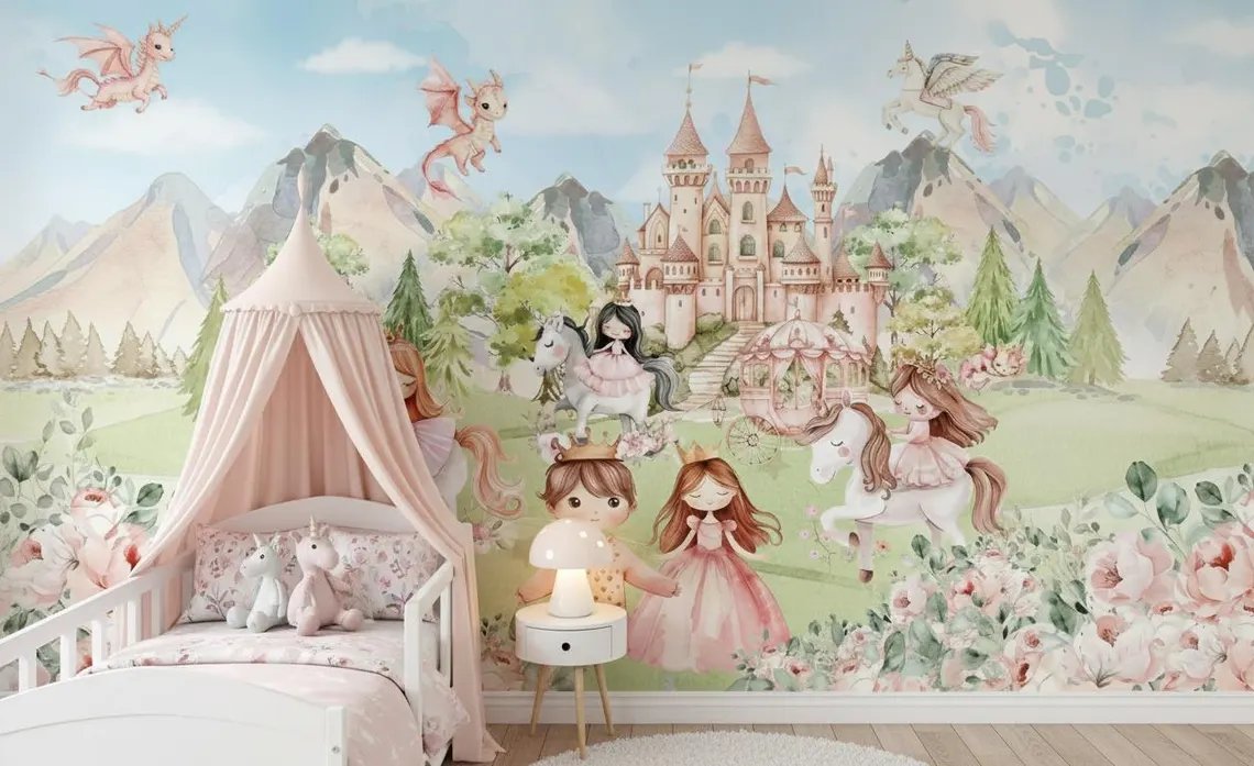 Tek Parça Kumaş Tekstil - Prenses ve Şato Kız Çocuk Odası Duvar Kağıdı