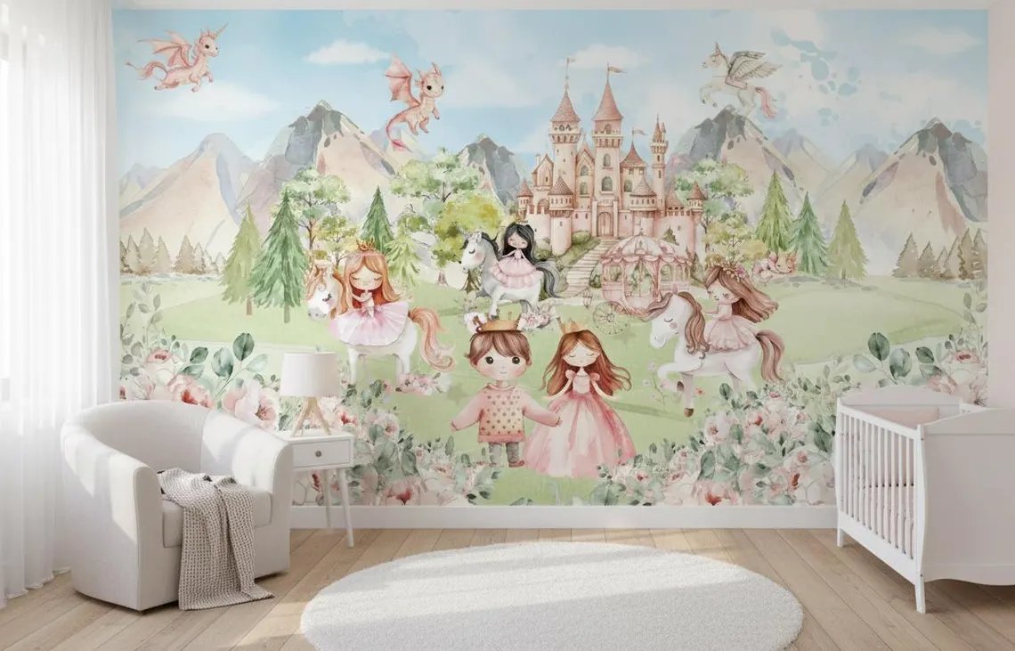Tek Parça Kumaş Tekstil - Prenses ve Şato Kız Çocuk Odası Duvar Kağıdı