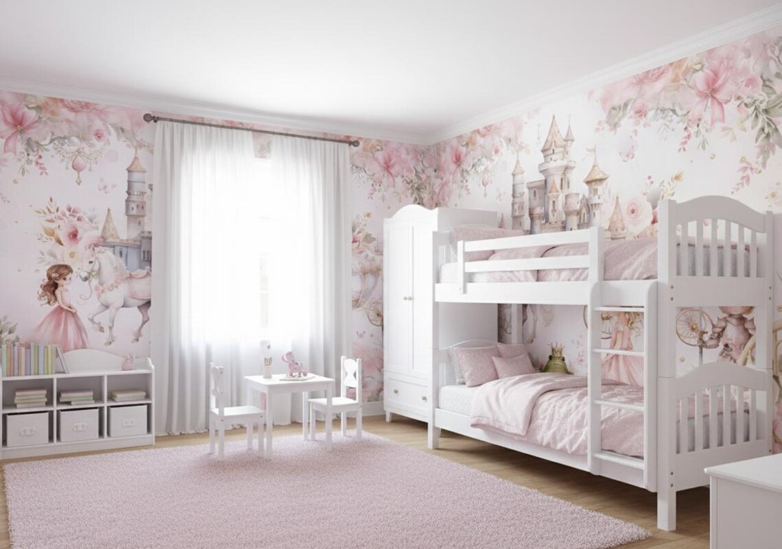 Tek Parça Kumaş Tekstil - Prenses ve Şato Masal Bebek & Çocuk Odası Duvar Kağıdı