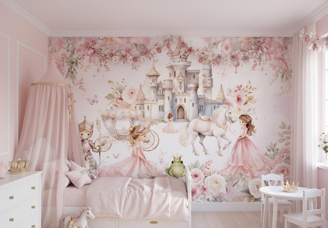 Tek Parça Kumaş Tekstil - Prenses ve Şato Masal Bebek & Çocuk Odası Duvar Kağıdı