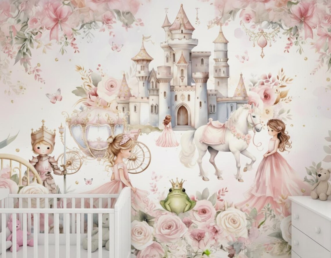 Tek Parça Kumaş Tekstil - Prenses ve Şato Masal Bebek & Çocuk Odası Duvar Kağıdı