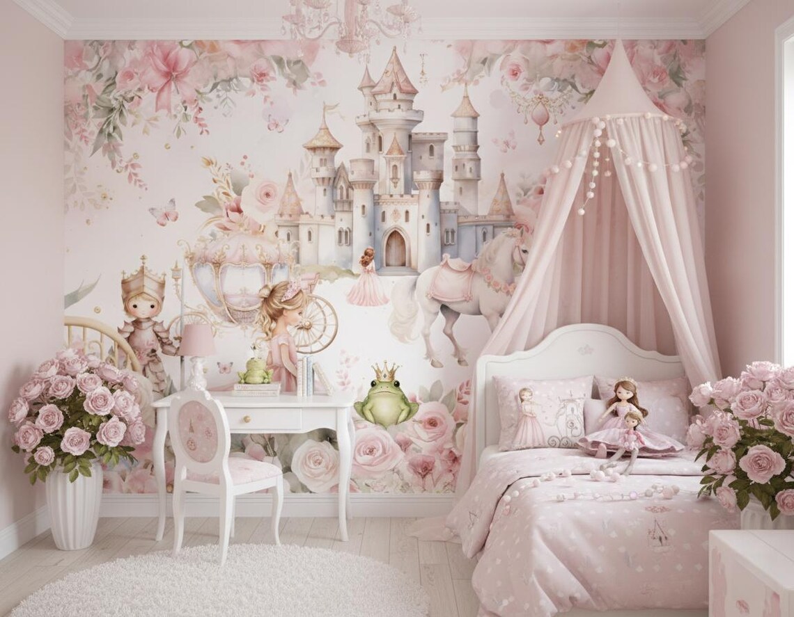 Tek Parça Kumaş Tekstil - Prenses ve Şato Masal Bebek & Çocuk Odası Duvar Kağıdı