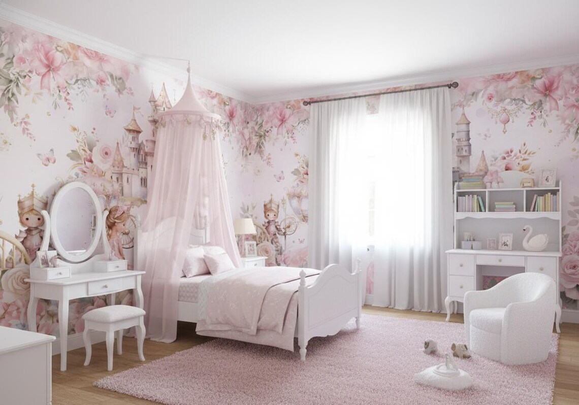 Tek Parça Kumaş Tekstil - Prenses ve Şato Masal Bebek & Çocuk Odası Duvar Kağıdı