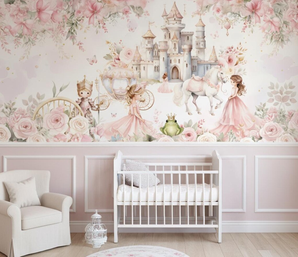 Tek Parça Kumaş Tekstil - Prenses ve Şato Masal Bebek & Çocuk Odası Duvar Kağıdı