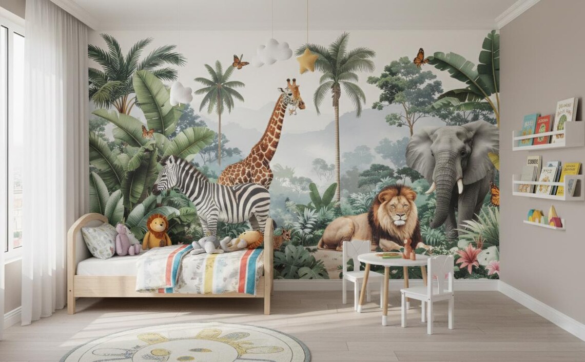 Tek Parça Kumaş Tekstil - Safari Hayvanları Bebek & Çocuk Odası Duvar Kağıdı