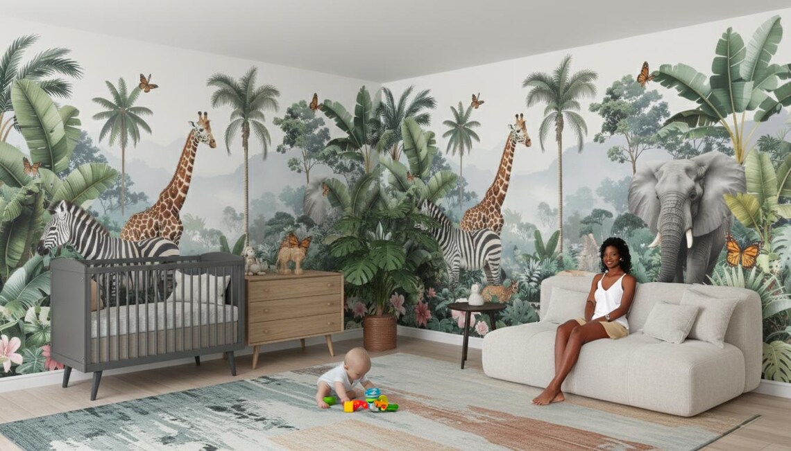 Tek Parça Kumaş Tekstil - Safari Hayvanları Bebek & Çocuk Odası Duvar Kağıdı