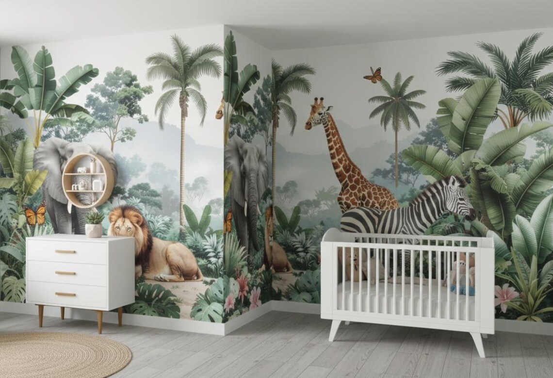 Tek Parça Kumaş Tekstil - Safari Hayvanları Bebek & Çocuk Odası Duvar Kağıdı