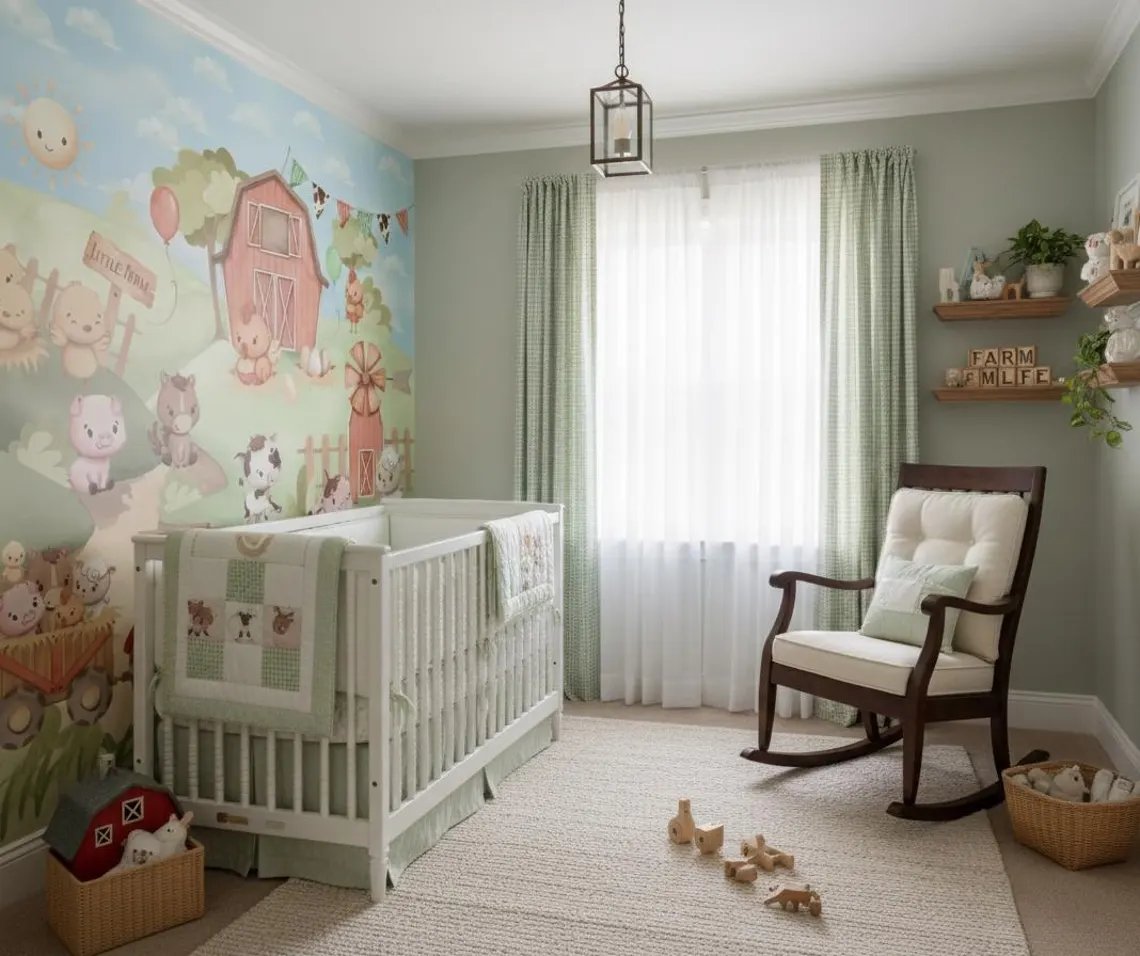 Tek Parça Kumaş Tekstil - Sevimli Çiftlik Hayvanları Bebek & Çocuk Odası Duvar Kağıdı