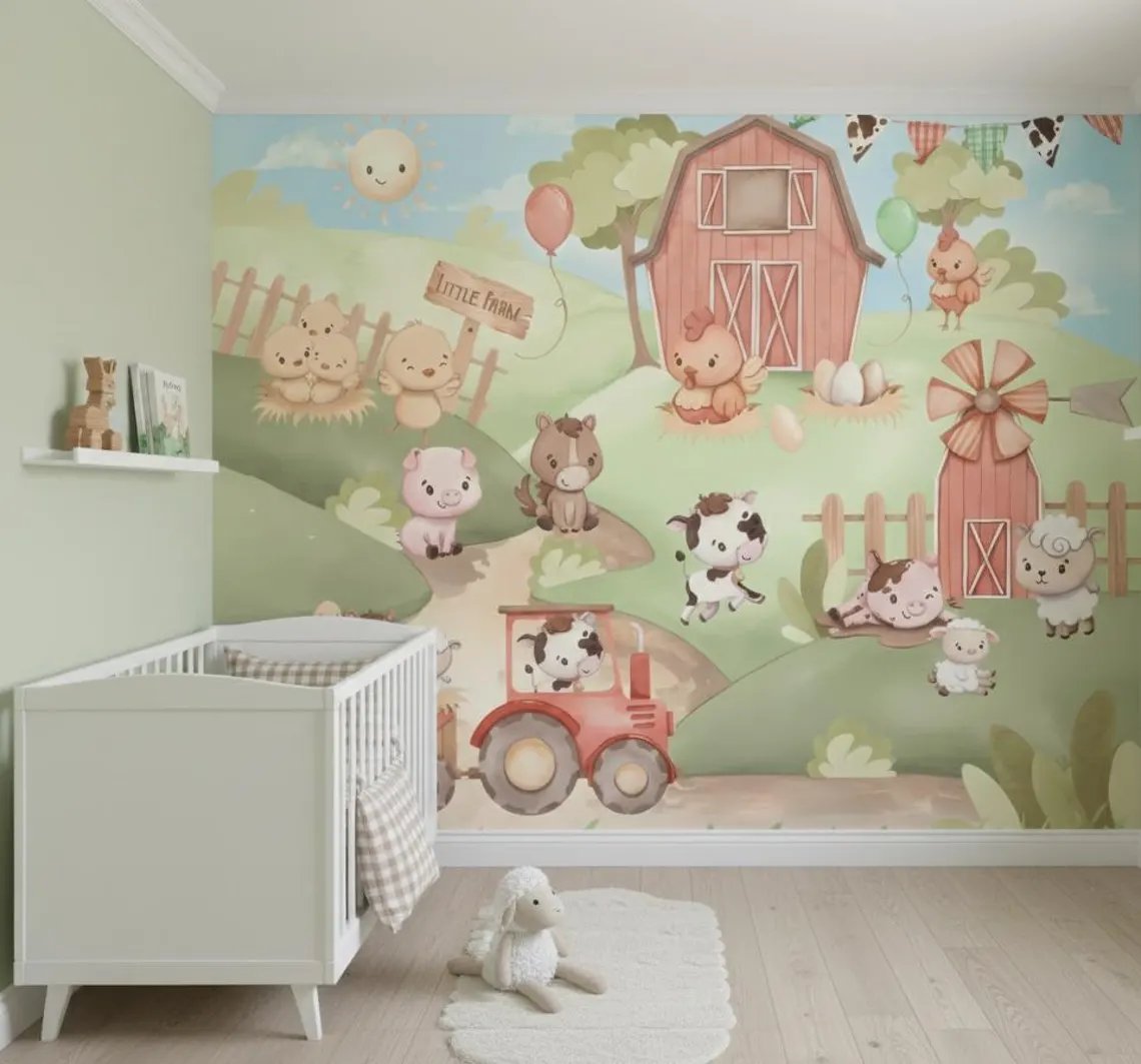 Tek Parça Kumaş Tekstil - Sevimli Çiftlik Hayvanları Bebek & Çocuk Odası Duvar Kağıdı
