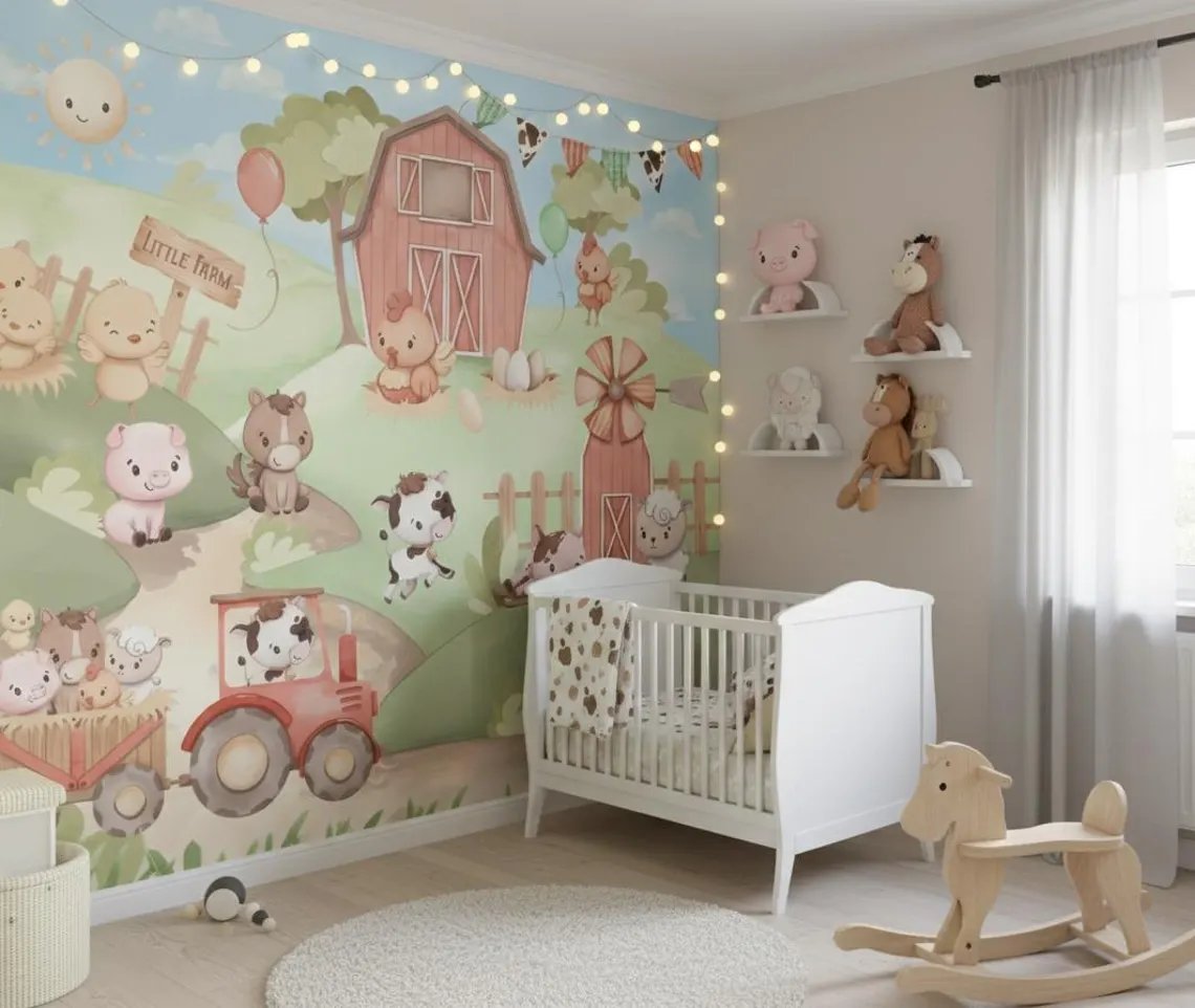 Tek Parça Kumaş Tekstil - Sevimli Çiftlik Hayvanları Bebek & Çocuk Odası Duvar Kağıdı