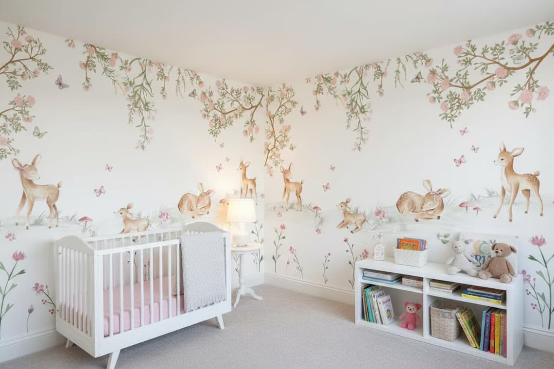Tek Parça Kumaş Tekstil - Sevimli Geyik ve Çiçekler Çocuk & Bebek Odası Duvar Kağıdı