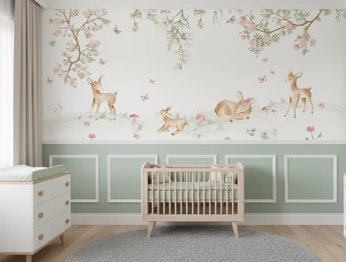Tek Parça Kumaş Tekstil - Sevimli Geyik ve Çiçekler Çocuk & Bebek Odası Duvar Kağıdı