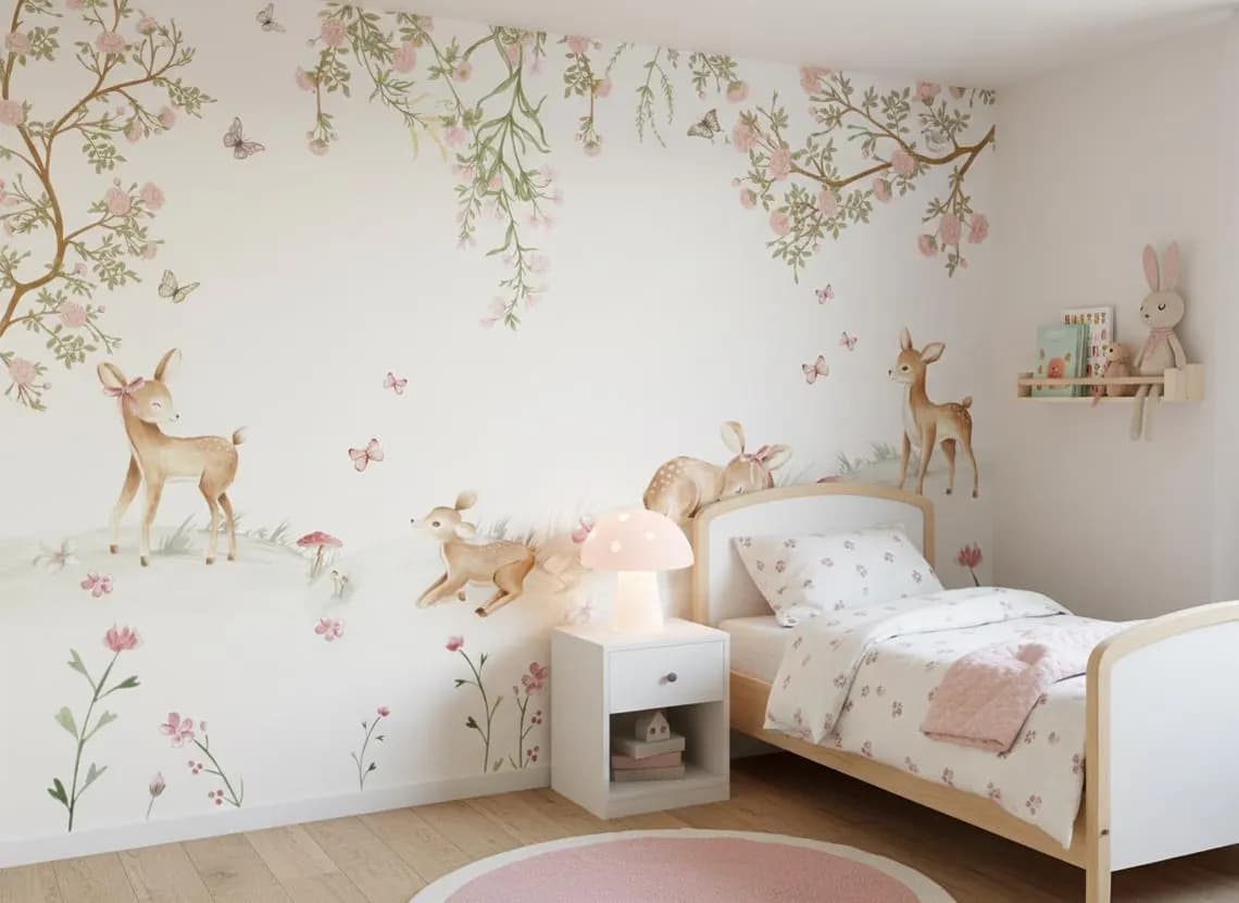 Tek Parça Kumaş Tekstil - Sevimli Geyik ve Çiçekler Çocuk & Bebek Odası Duvar Kağıdı