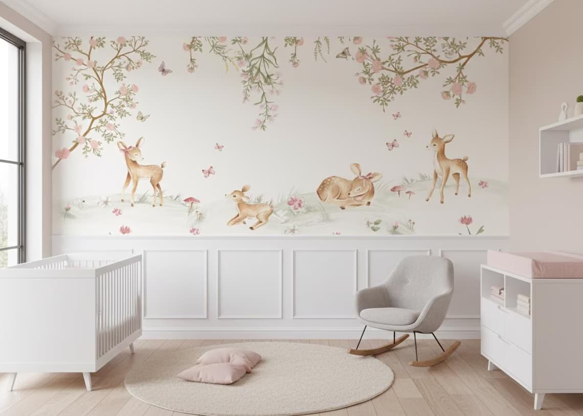Tek Parça Kumaş Tekstil - Sevimli Geyik ve Çiçekler Çocuk & Bebek Odası Duvar Kağıdı