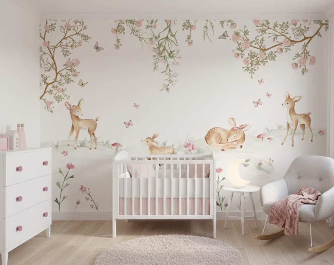 Tek Parça Kumaş Tekstil - Sevimli Geyik ve Çiçekler Çocuk & Bebek Odası Duvar Kağıdı