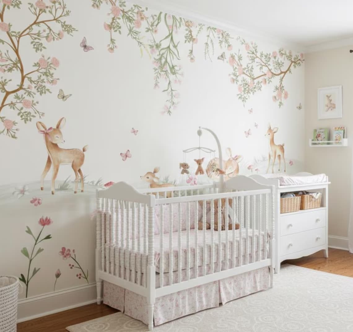 Tek Parça Kumaş Tekstil - Sevimli Geyik ve Çiçekler Çocuk & Bebek Odası Duvar Kağıdı