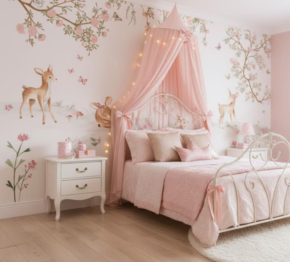 Tek Parça Kumaş Tekstil - Sevimli Geyik ve Çiçekler Çocuk & Bebek Odası Duvar Kağıdı